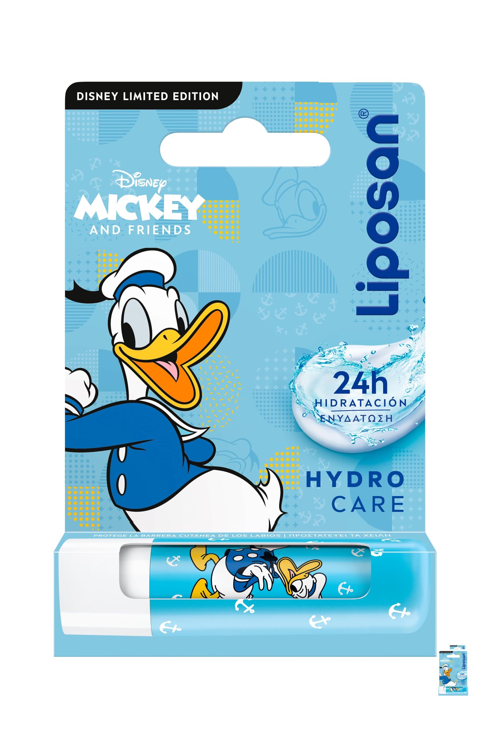 Liposan Hydro Care Donald Duck Disney Limited Edition (1x 4,8 g), bálsamo labial para niños con 24 horas de hidratación, bálsamo labial reparador para unos labios suaves