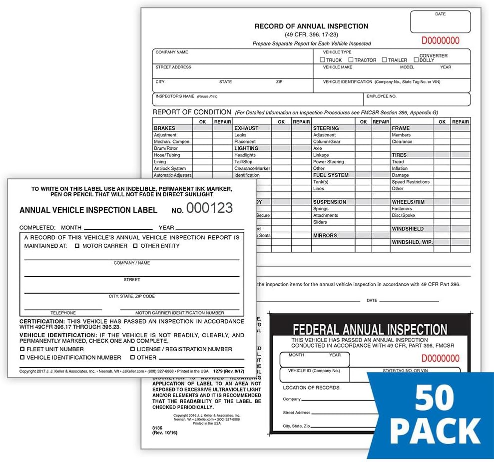 J. J. Keller 50-Pack, Record of Annual Inspection Form with Inspection Label & Prenumbered Vinyl Adhesive Label 2-Ply, 2-Ply Carbonless Form, DOT Compliant