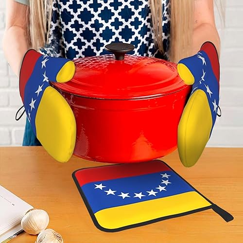 Miniatura 7 de Flag of Venezuela - Juego de 3 guantes de horno y soportes para ollas, guantes de cocina antideslizantes para cocinar, hornear y asar a la parrilla