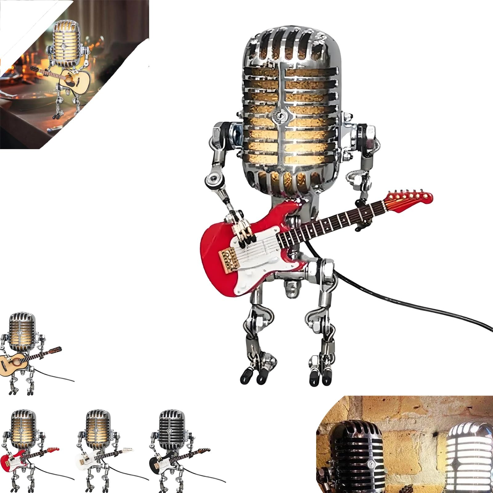 LOUPKC Vueeze Mic Rockbot, Sherum Mic Rockbot, Dotmalls Microphone Robot Desk Lamp, Vintage Microphone Guitar Lamp, Cool Guitar Gifts for Music Lovers and Guitar Player Desktop Decoratio(Red)