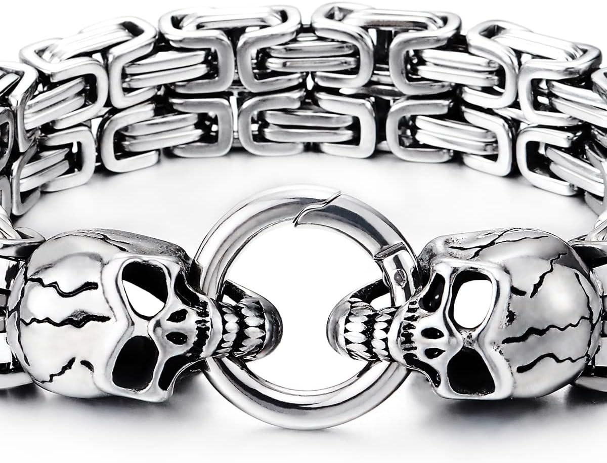 COOLSTEELANDBEYOND Mens Stainless Steel Two-strand Braided Byzantine Chain Bracelet with Skulls and Spring Ring Clasp - Image 3
