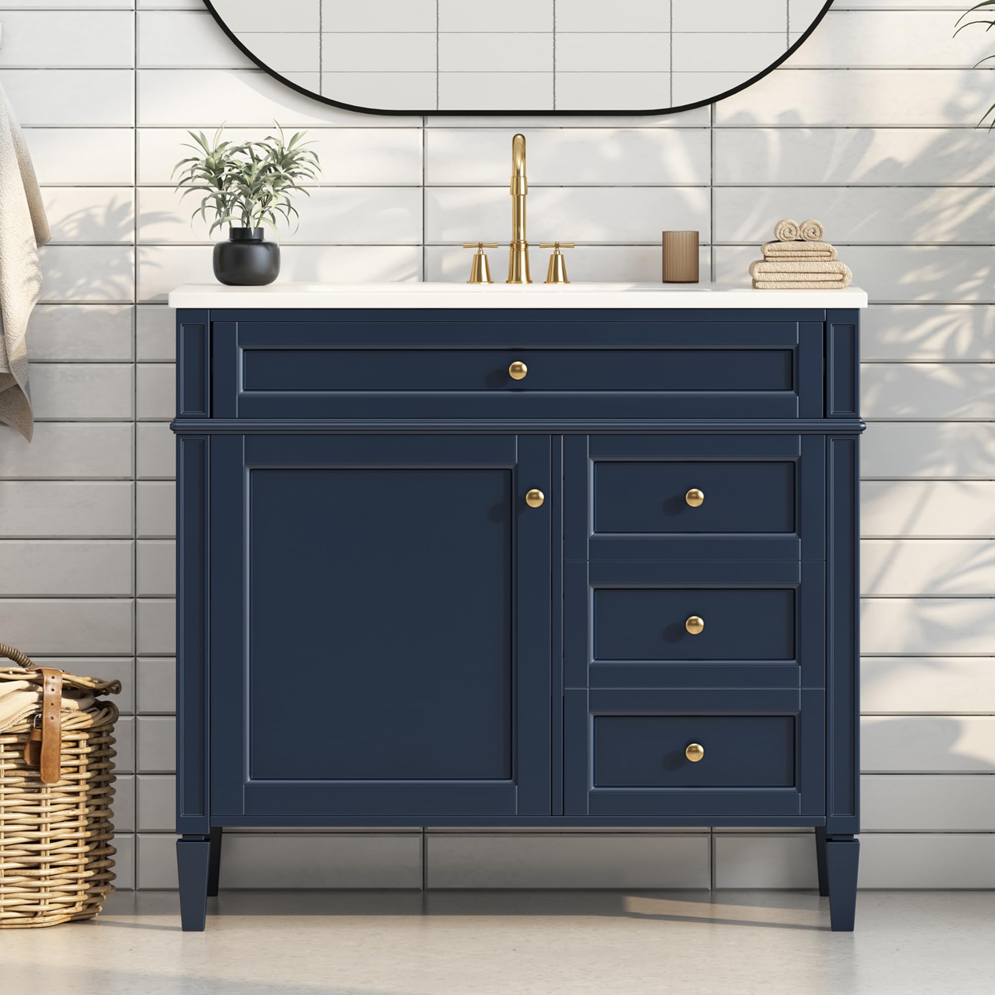 Merax 36" Bathroom Vanity with Sink, Modern Single Sink Bathroom Storage Cabinet with 1 Door, 2 Drawers & Tip-Out Drawer, Solid Wood Frame Bathroom