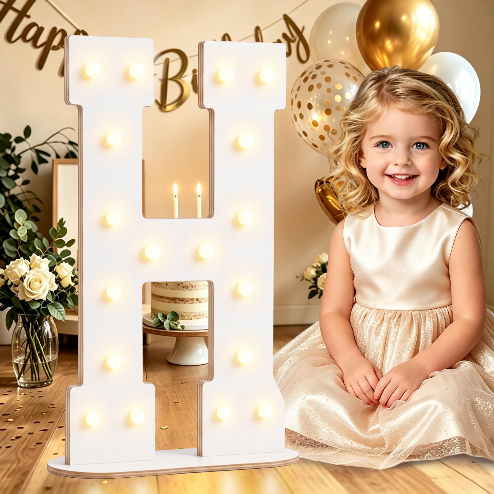 Large 44CM White Wooden Light Up Letters H for Birthday Party Decorations — image 1