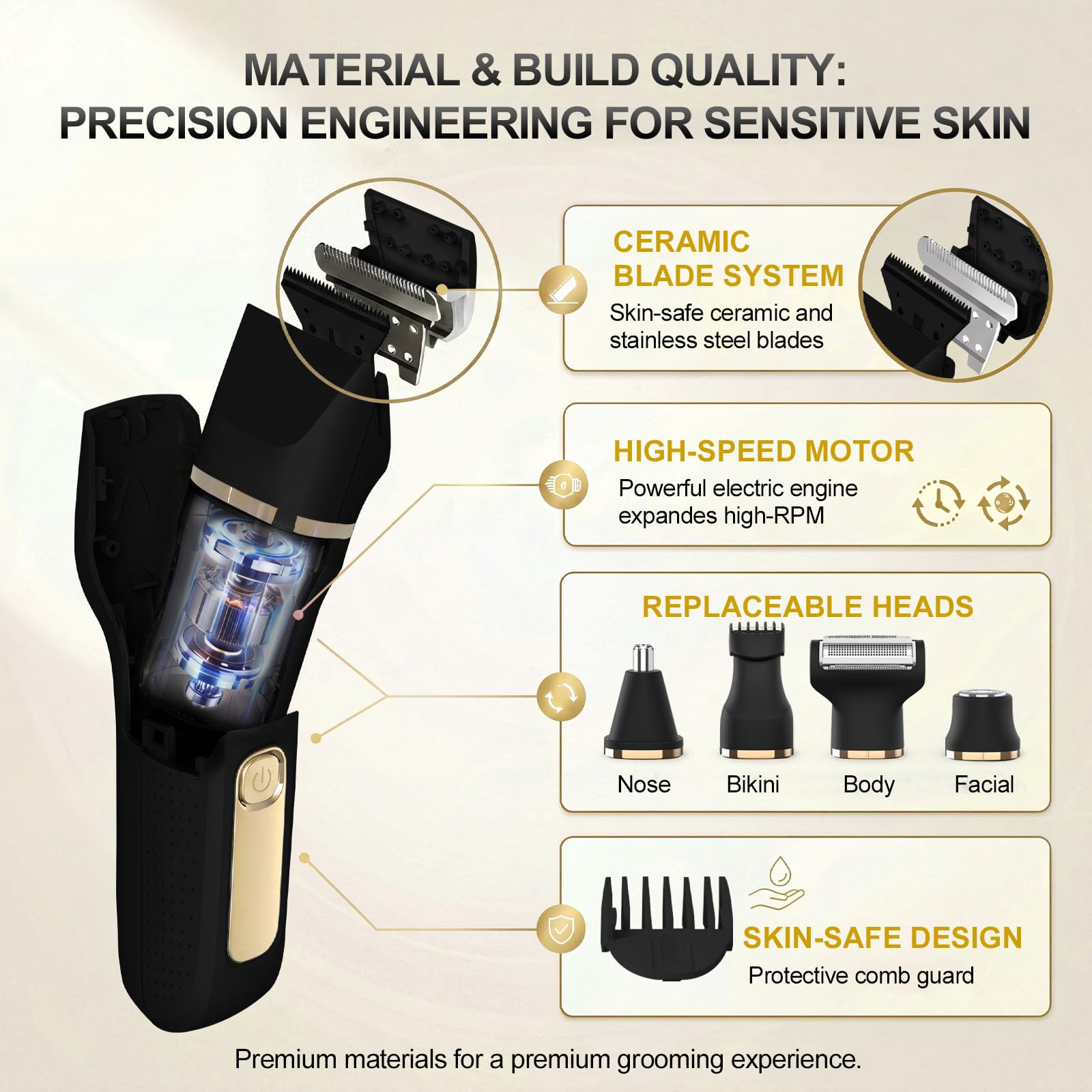 5-in-1 Elektrischer Damenrasierer, Bikini-Trimmer für Damen, wasserdicht, Schamhaar-Trimmer für Damen, Herren, Gesicht, Schamhaar, Rasur, mit 5 austauschbaren Klingenköpfen, USB-Aufladedock, Schwarz