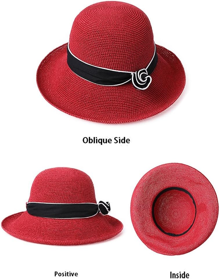 麦わら帽子 夏の女性の麦わら帽子の取り外し可能なリボンの屋外浜の帽子の日曜日の帽子 ハット (色 : Red)