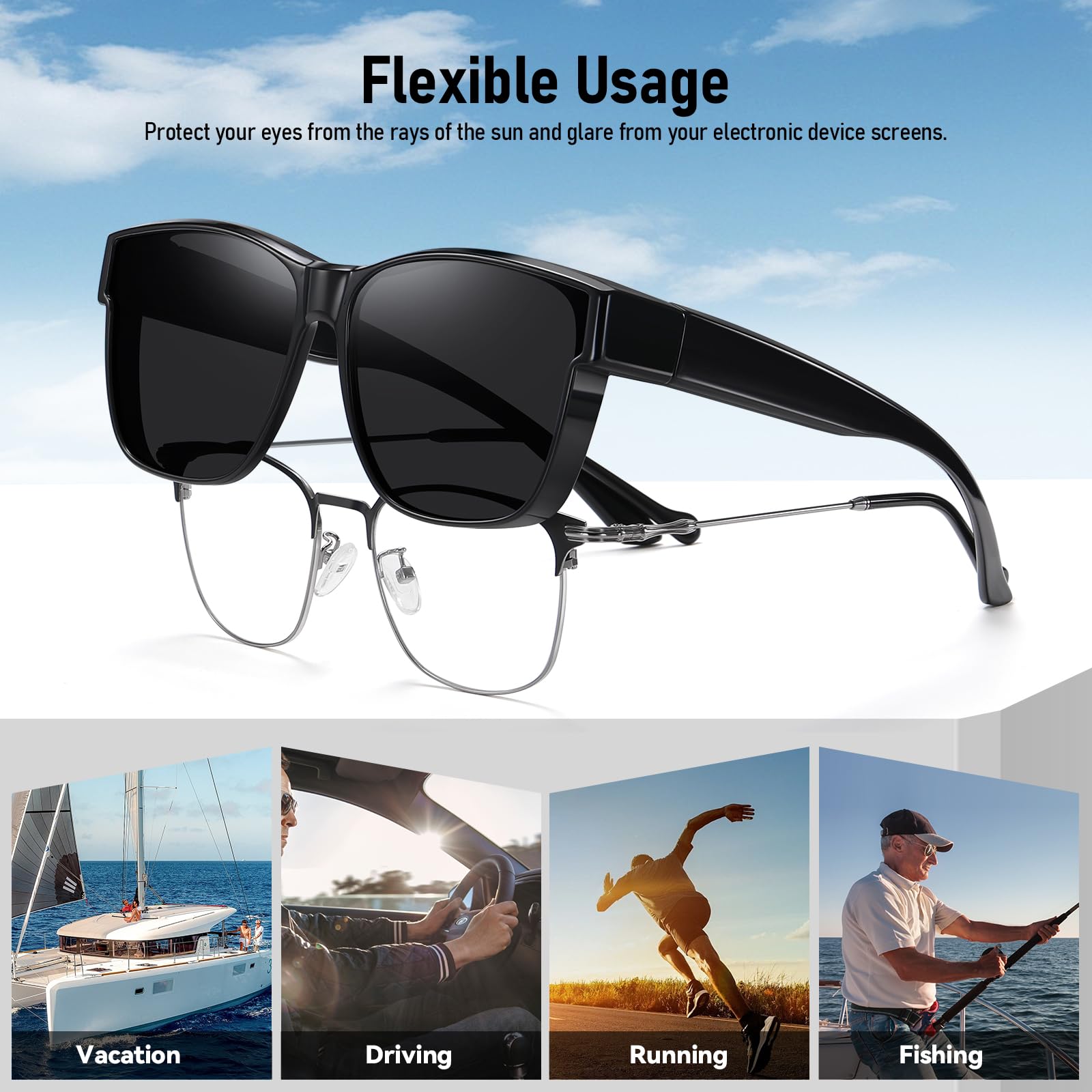 Überglas-Sonnenbrille für Herren und Damen, leichte, quadratische polarisierte Sonnenbrille, zum Tragen über Brillen, UV-Schutz