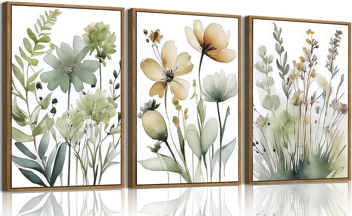 Framed 3 Piece Green Botanical Wall Art Boho Floral Canvas Prints | Neutral Flower Pictures Wall Decor Minimalist Nature Paintings for Bedroom Bathroom Living Room 12x16in