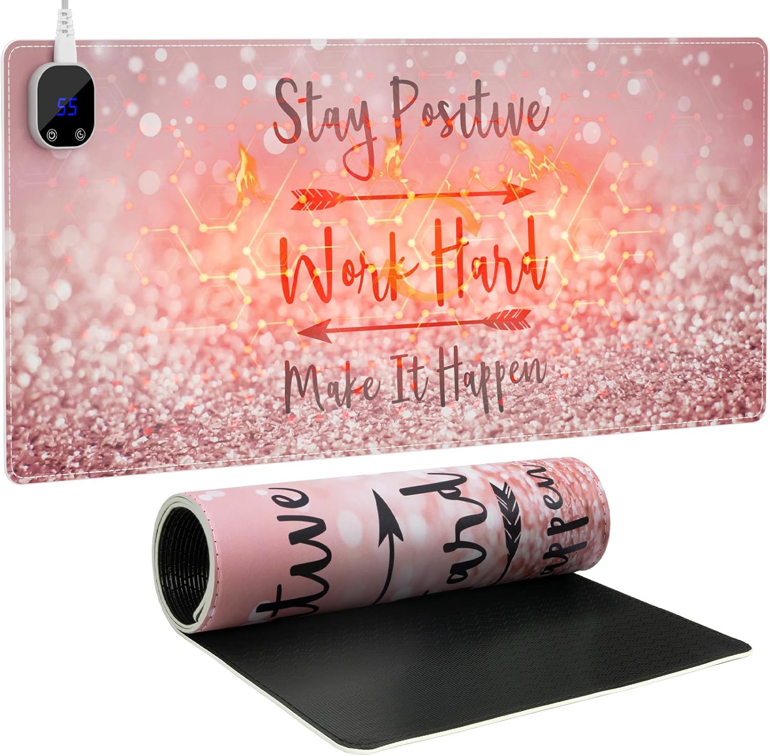 iCasso Heated Mouse Pad Hand Warmer, XXL Heated Desk Pad, Pink Mouse Pad, 35.4" x 15.7" Warm Desk Mat with 4 Heating Levels for Computer Keyboard, Large Mousepad for Home Office Work