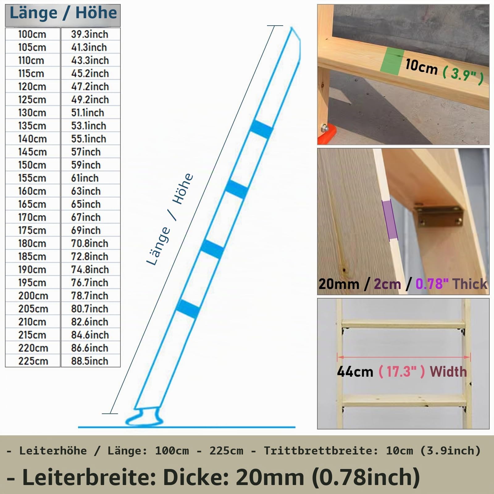 Échelle en bois pour lit superposé – 10 cm de large – Marches antidérapantes, patins et supports à crochets – Échelle de rechange idéale pour lits superposés, lits cabanes et camping-cars