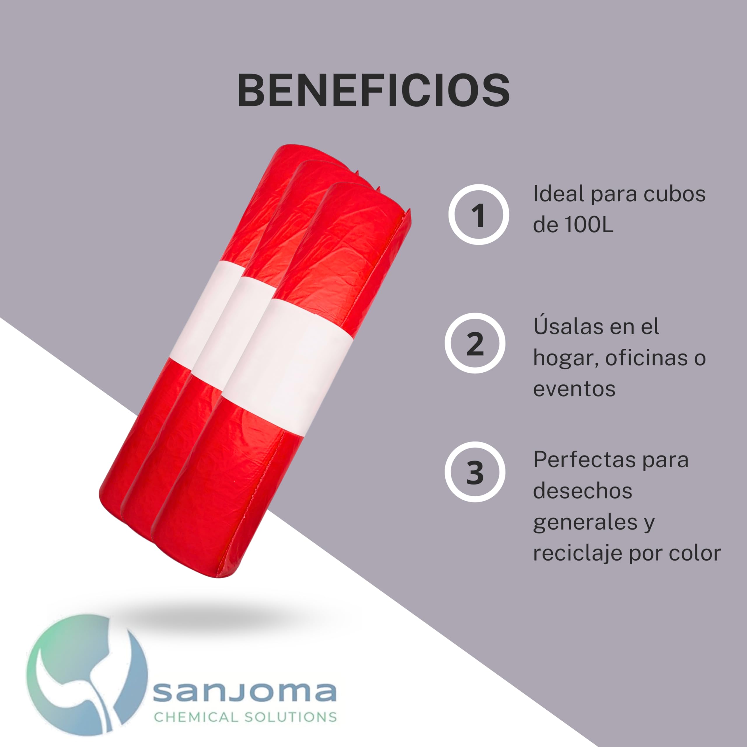Rollos de bolsas de basura roja 100L (85x105 cm) - Galga150 (Extra Fuerte) ecológicas y compostables – 25 bolsas por rollo