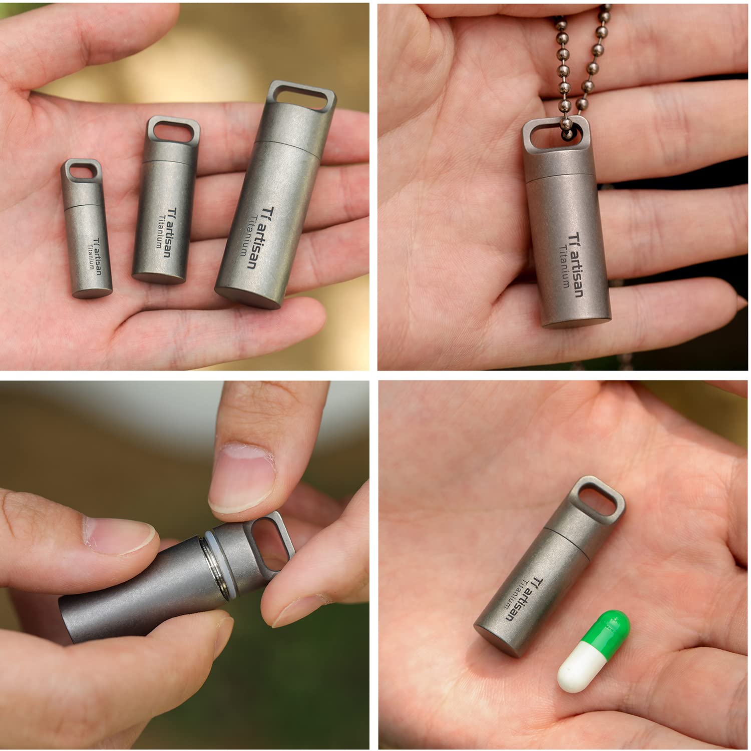 Pillendose Wasserdicht Outdoor EDC Tablettendose für Unterwegs, Titan Lichtgeschützt Metall Tablettenbox, Tragbar Kompakt Reise Pillenbehälter Halskette Anhänger, Notfall Kapsel Pillenbox