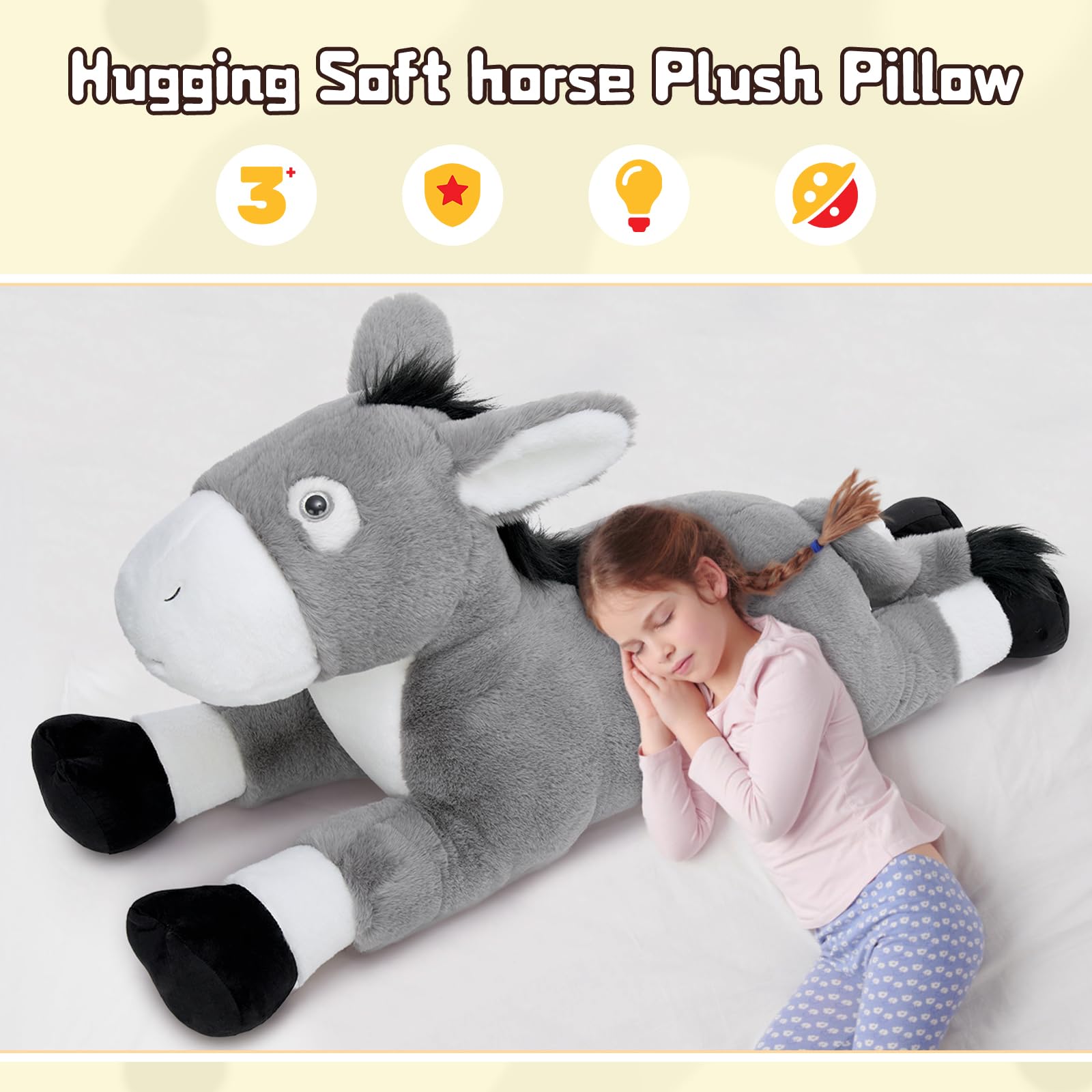 KERTA 43.3inch Giant Donkey Stuffed Animal, Hugging Soft Stuffed Donkey Plush Body Pillow, Realistic Large Farm Animal Plush Toy Gift for Kids 7