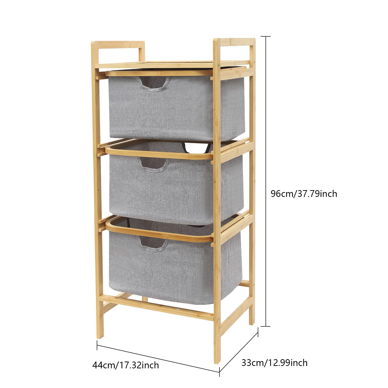 Étagère en bambou - Panier à linge à 3 compartiments - Panier à linge vertical - 44 x 33 x 96 cm - Organiseur de linge avec paniers à linge - Pour salle de bain et chambre à coucher