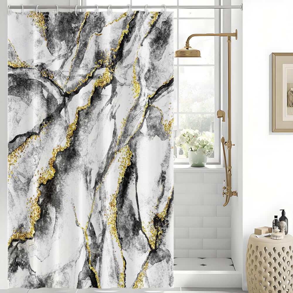 Uiiooazy Duschvorhang 150x200cm Anti Schimmel Schwarz Marmor Optik Modern | Duschvorhang Grau Marmoriet Gradient Wasserdicht Stoff Polyester Waschbar Bad Vorhang mit 10 Haken für Badezimmer Badewanne