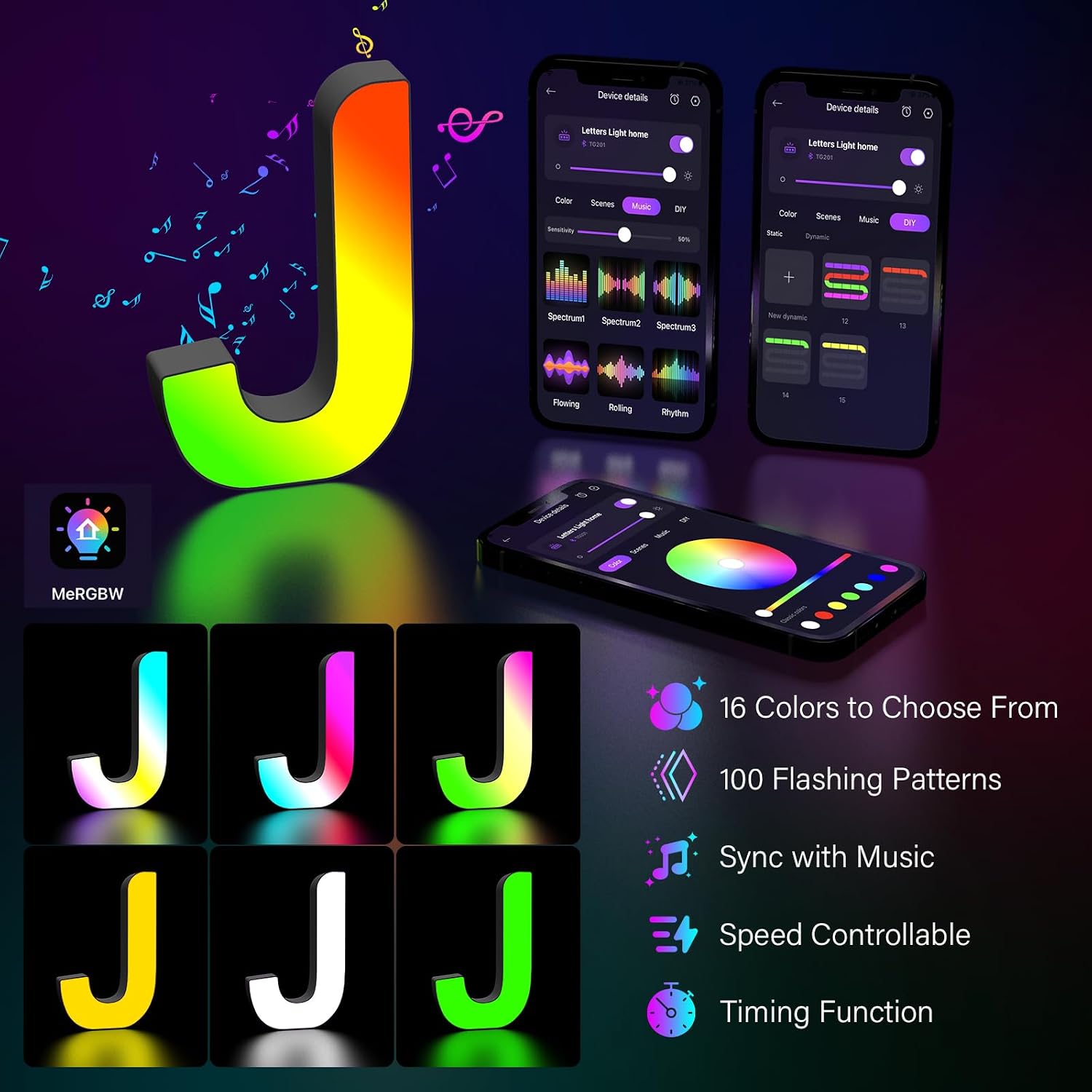 Light Up Letters Marquee Letter - Music Sync RGB Color Changing LED Lights Letter Logo Game Lights for Girls Women Party Birthday Christmas Valentine's Day Wall Desktop Decoration (MRGB-J)
