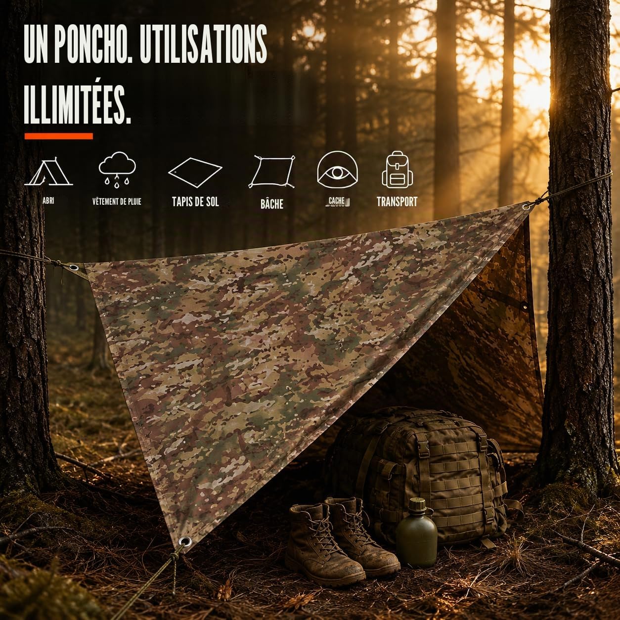 USGI Industries Poncho de style militaire – Tente d'urgence, abri, survie – Multi usage indéchirable Camouflage Poncho de pluie
