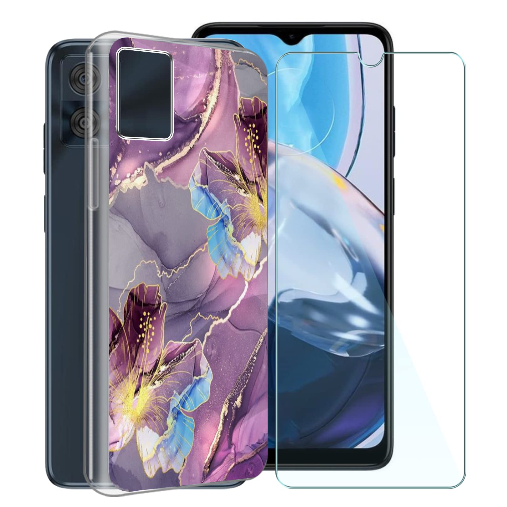 Cover per Motorola Moto E22 (6.52 ) con [1 X Vetro Temperato Pellicola], HGJTF Rotazione 360° Supporto Anello + Slim Trasparente TPU Antigraffio Morbida Silicone Custodia Case per Motorola Moto E22