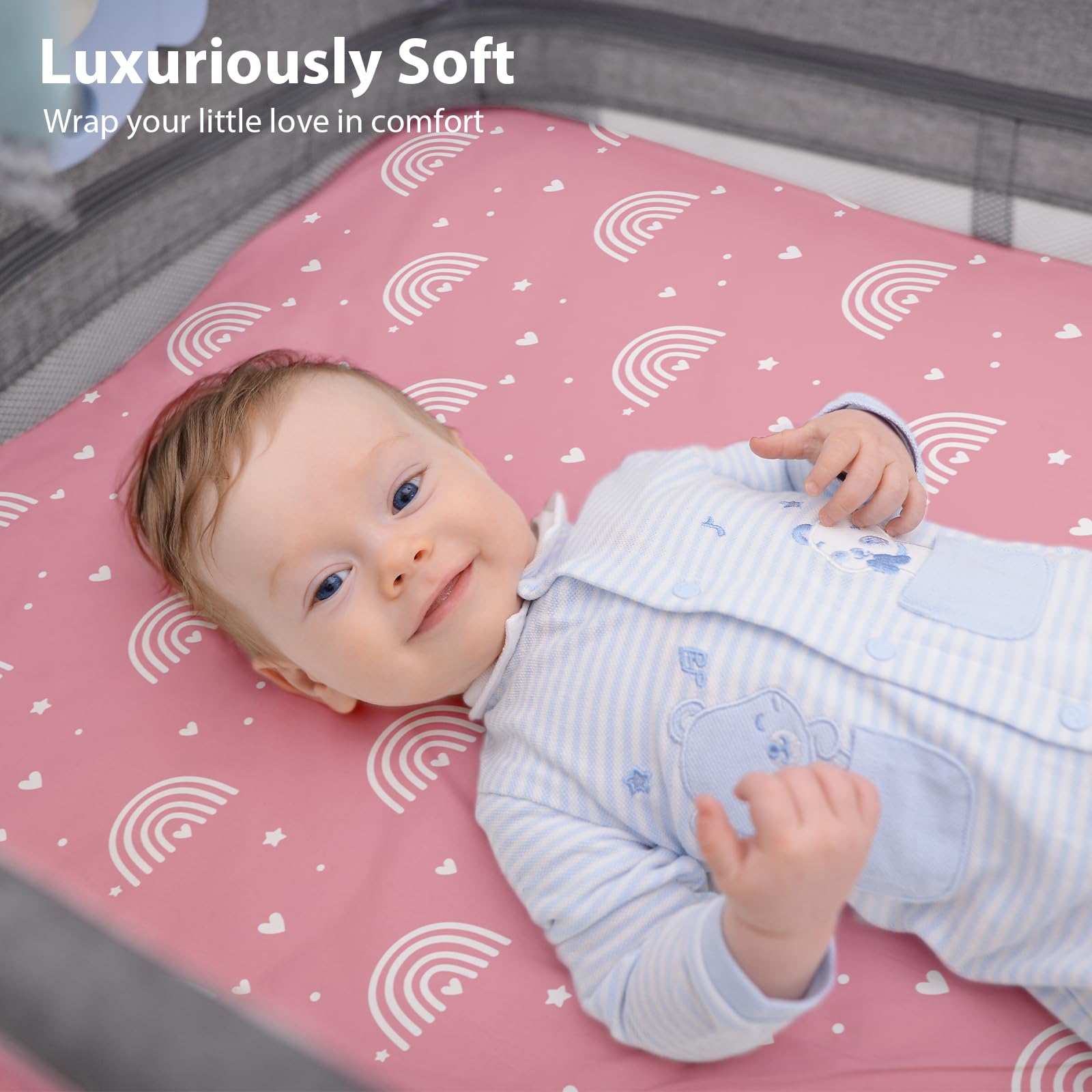FIEMOL Next to Me Crib Sheets 85x51cm Fitted, 3 Pack Baby Cot Sheets, Ultral Soft & Silky Smooth Microfiber Bedside Crib Fitted Sheets Pink Rainbow — view 7