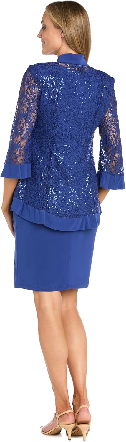 R&M Richards Women's 2-Piece Knee Length Banded Hi-Lo Sequined Jacket Dress W/Detachable Necklace - Image 3