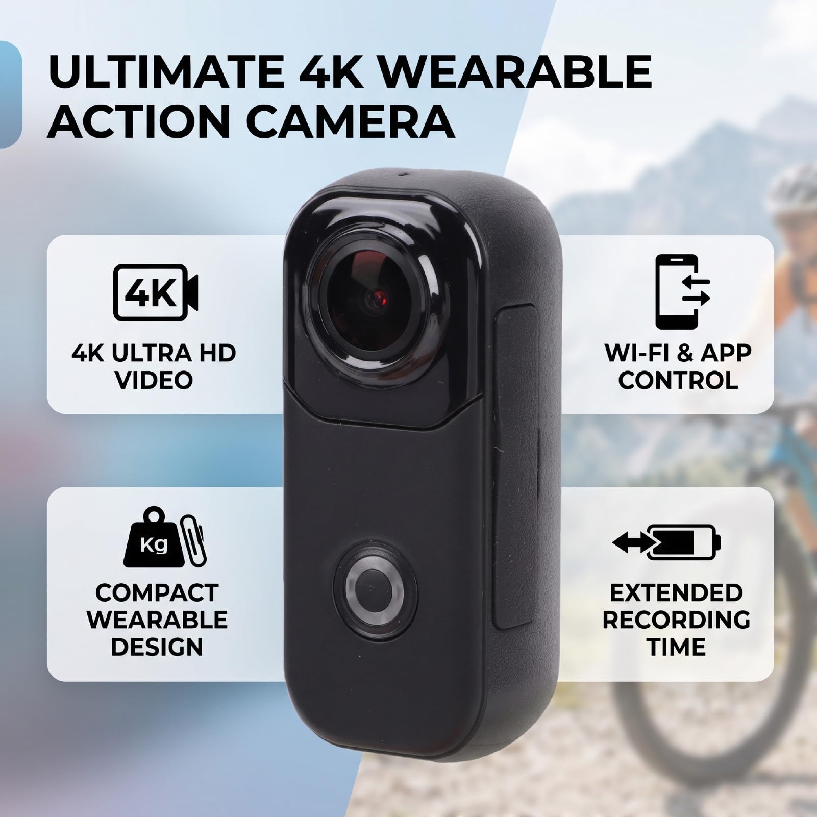 Sxhlseller Videocamera 4K Action Camera, WiFi Controllo App, 800mAh, per | Plastica Tecnica, Ideale per Vlogging Indossabile, Ciclismo, Escursionismo e viaggi. App per Smartphone, Porta Type C,