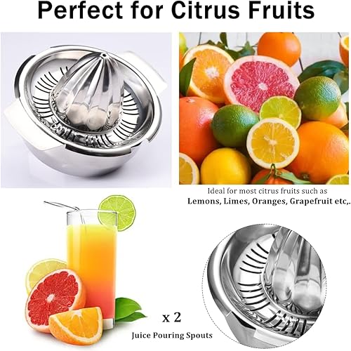 Miniatura 4 de Exprimidor manual de limón y naranja lima, prensa de cítricos de acero inoxidable 304 con cuenco de 15 onzas y 2 bocas de vertido, colador de