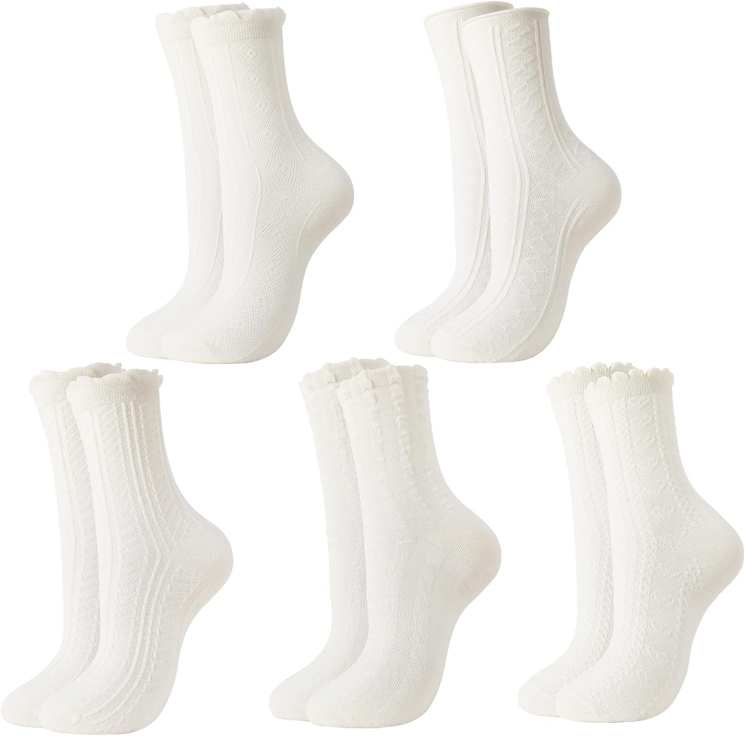 5/6 Pairs Cable Knit Vintage Cute Crew Cotton Socks Women Ruffle Lace Mid Calf Knit Socks for Women