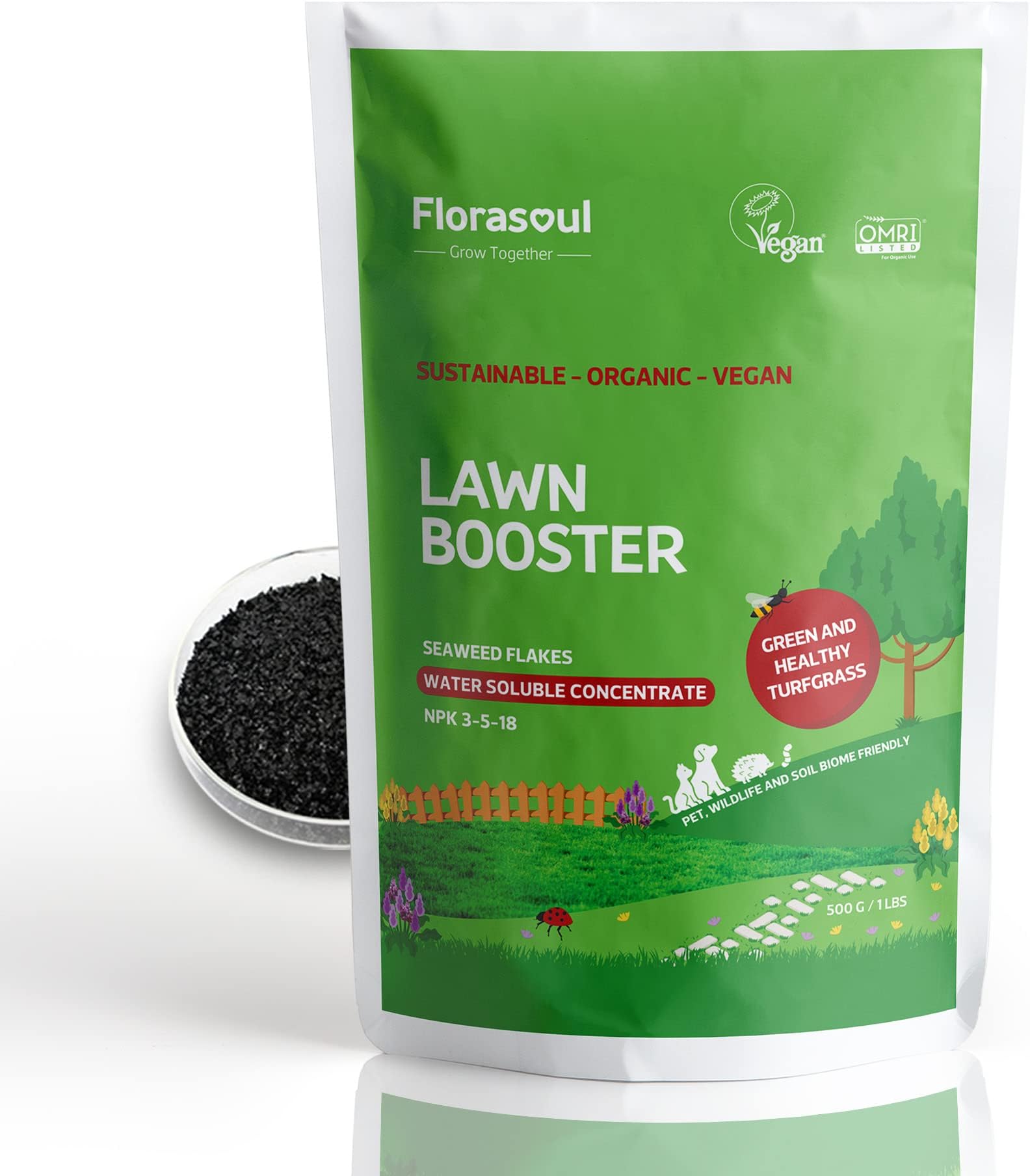 florasoul® Vegan Organic Fertiliser GREEN AND VITAL GRASS Pet-friendly Lawn Care, Premiumquality Organic Fertiliser, 500g/350l Liquid Lawn Spray/ 950yd²