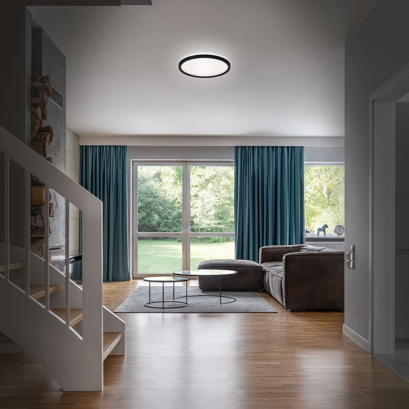 BRILONER Leuchten - Plafonnier LED pour salle de bains avec rétroéclairage, lampe de salle de bains LED IP44, extra-plat, lumière blanc neutre, noir, 290x35 mm (DxH)