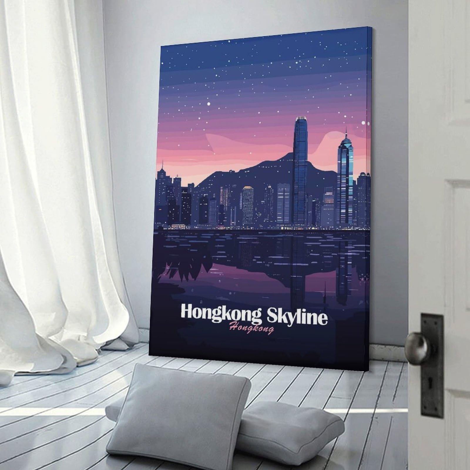 Junmoney Frame-Style-23-1 Canvas Art Print Hong Kong Skyline Night, 20X30inch(50X75cm), For Contemporary Homes, Apartments Or Offices, Decorative Canvas Decor For Home Updates