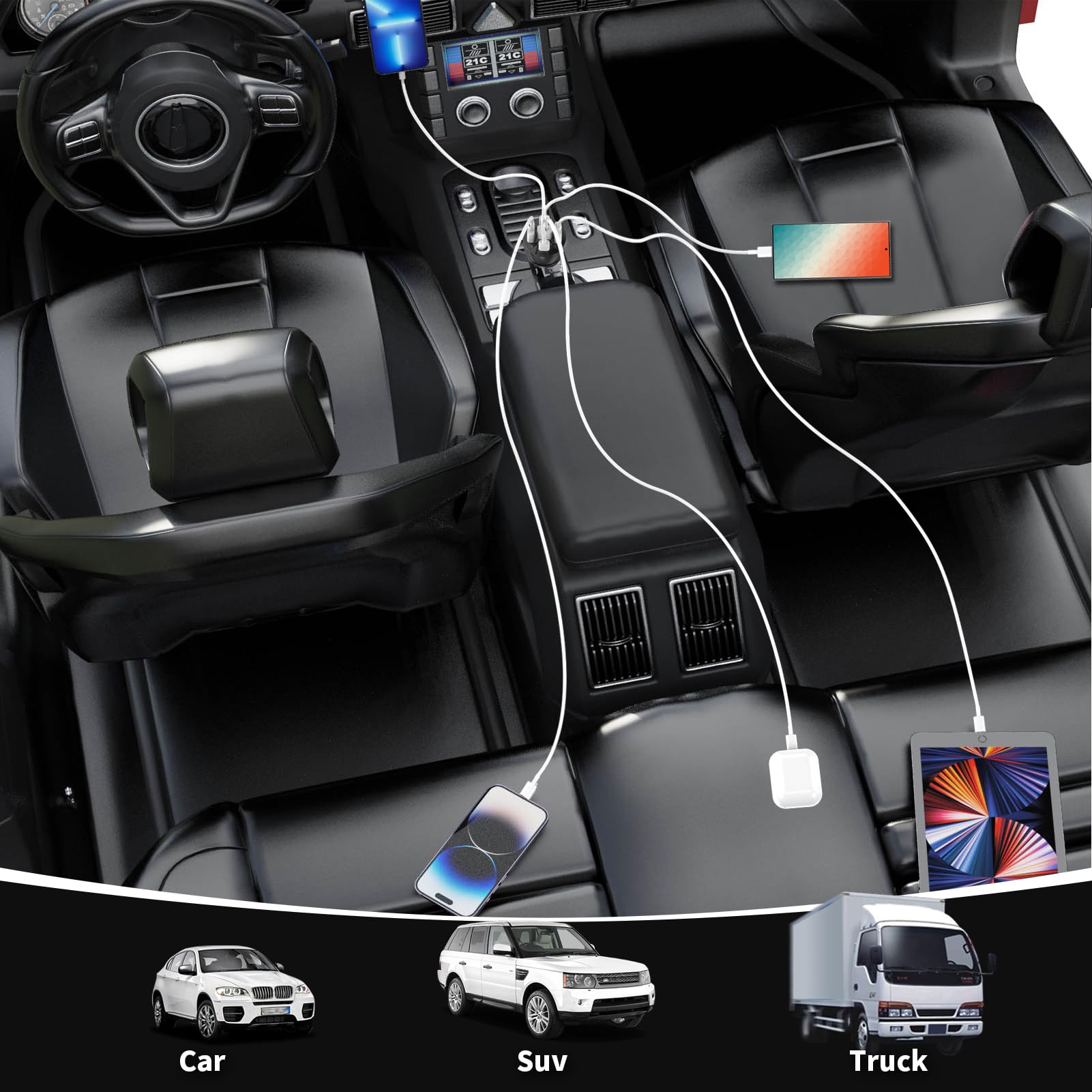 Adaptador de cargador de coche USB C, cargador PD 3.0, 5 USB QC 3.0 de carga rápida para iPhone 17, Galaxy S24 y otros dispositivos USB. (paquete de 2)