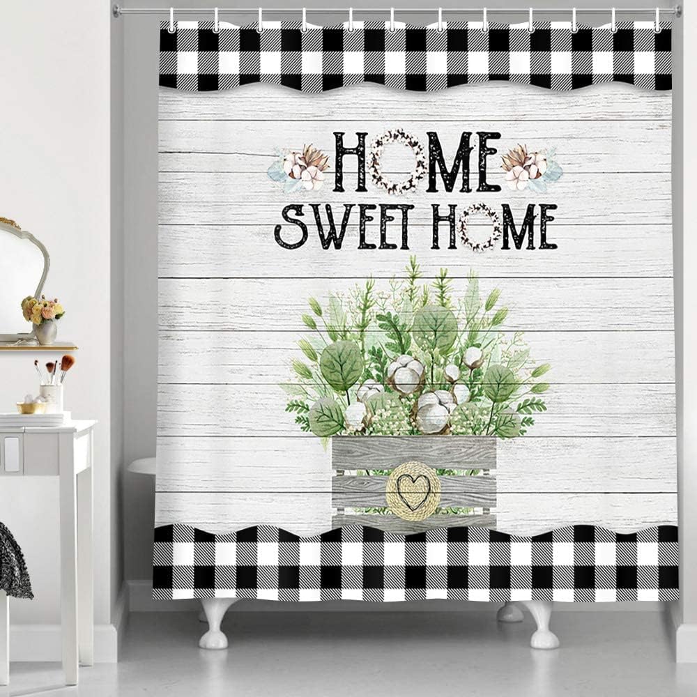NYMB Rustic Farmhouse Shower Curtain, Modern Floral Green Eucalyptus Leaves on Black and White Buffalo Plaid Checkered Bathroom Curtains, Vintage Country Gray Wooden Fabric Shower Curtain, (69X84)