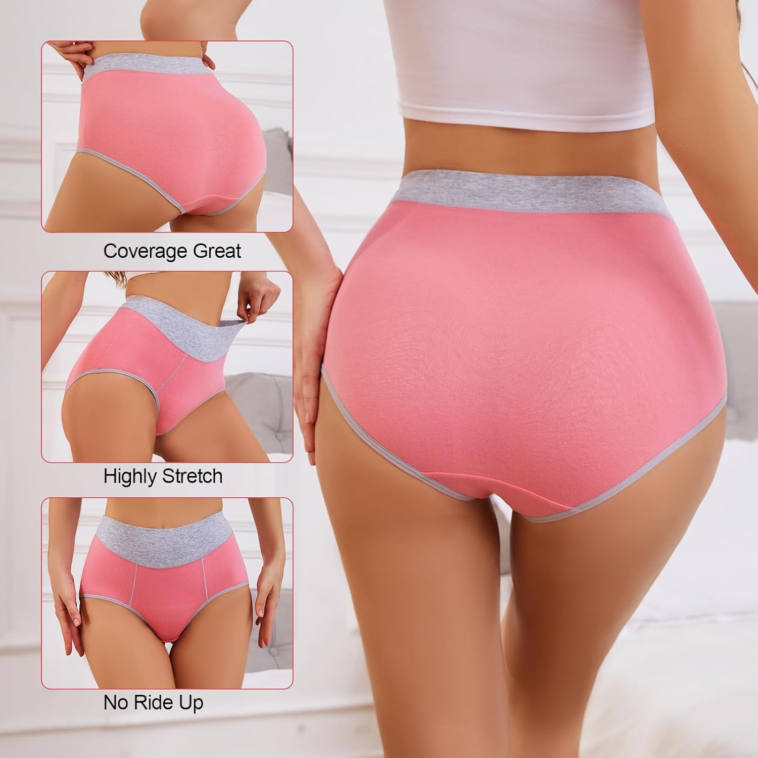 KAZNA Women's Cotton Underwear, High Waisted Briefs Panties Plus & Regular Size, Breathable Soft Hipster 5 Pack - Image 2