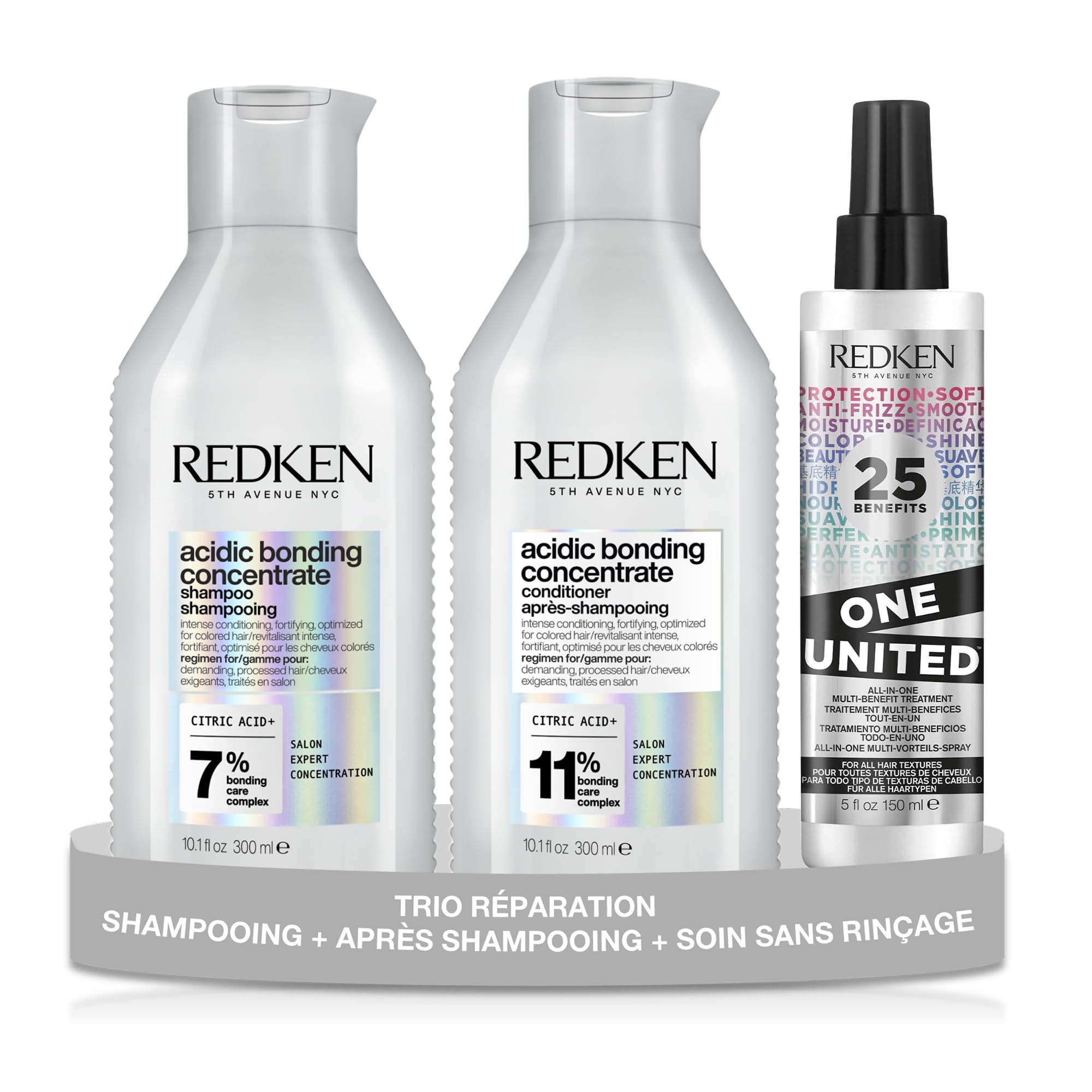 Redken Acidic Bonding Concentrate x One United | Pour Cheveux Abîmés | Soin Bonding enrichi en Acide Citrique | Shampoing + Après-Shampoing + Soin Multi-bénéfices Sans Rinçage