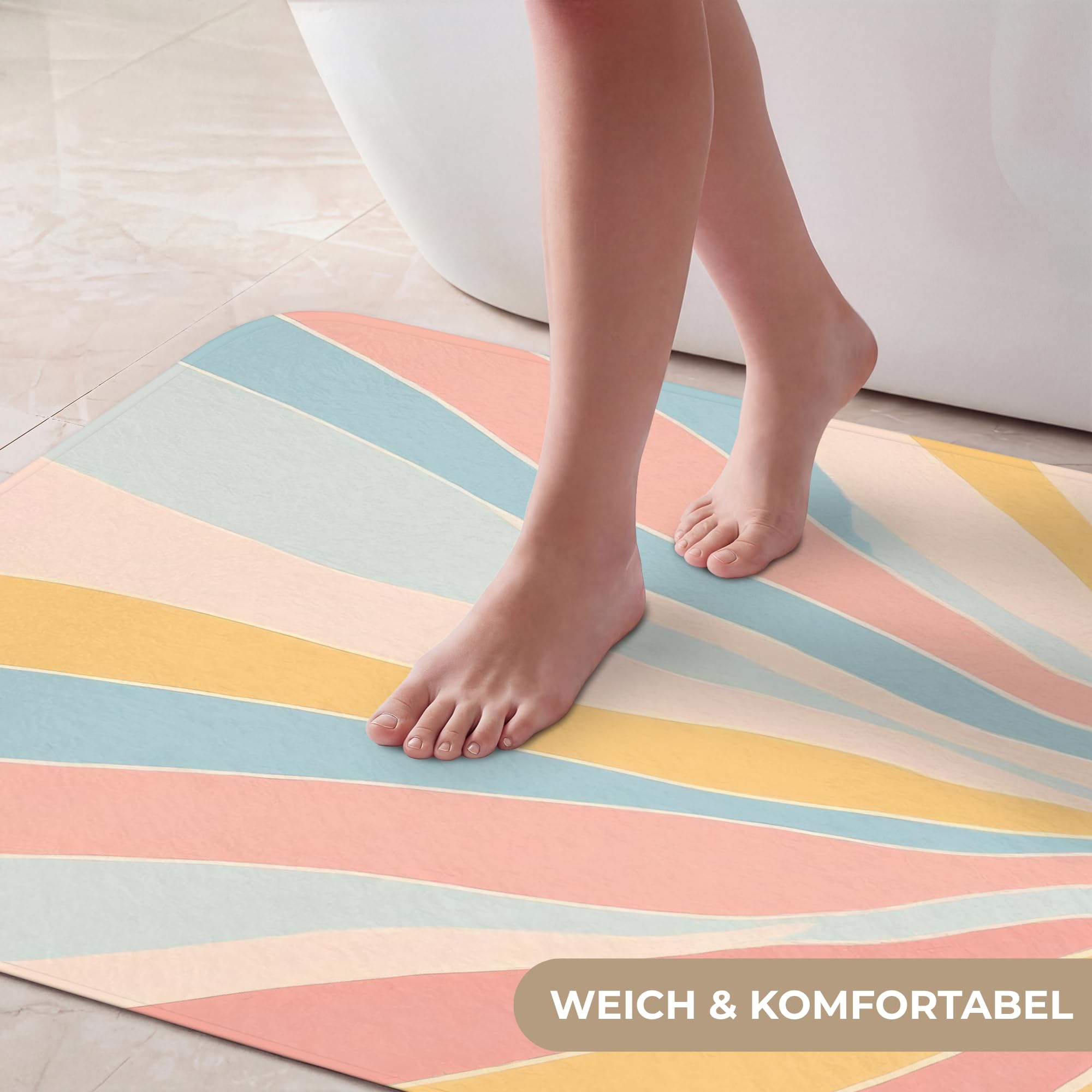 Duschvorleger Badezimmer Deko Badematte rutschfest Bathroom | 60x90 cm - Rechteckig - Vorleger Badmatten Duschteppich Weichschaummatte Illustration - Sonne - Pastellfarben