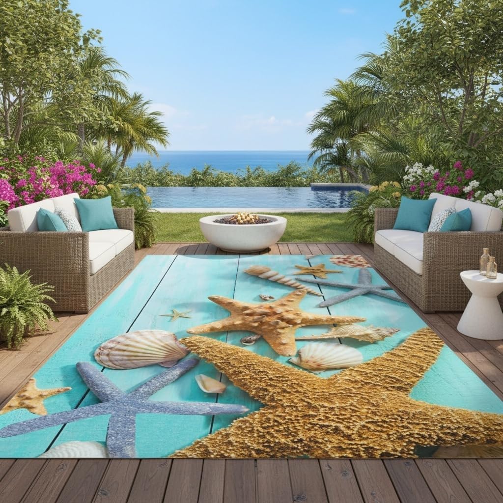 Aqua Blue Wood Texture Ocean Theme Indoor Outdoor Rug for Backyard Balcony Patio Deck Pool Brown Starfish Shells Outdoor Area Rug 5x8 Machine Washable Waterproof Camping Rv Picnic Floor Carpet Mat