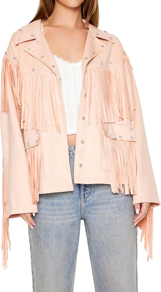 Amazon.com: Forever 21 Fringe Faux Suede & Gem Jacket ADOBE ROSE X