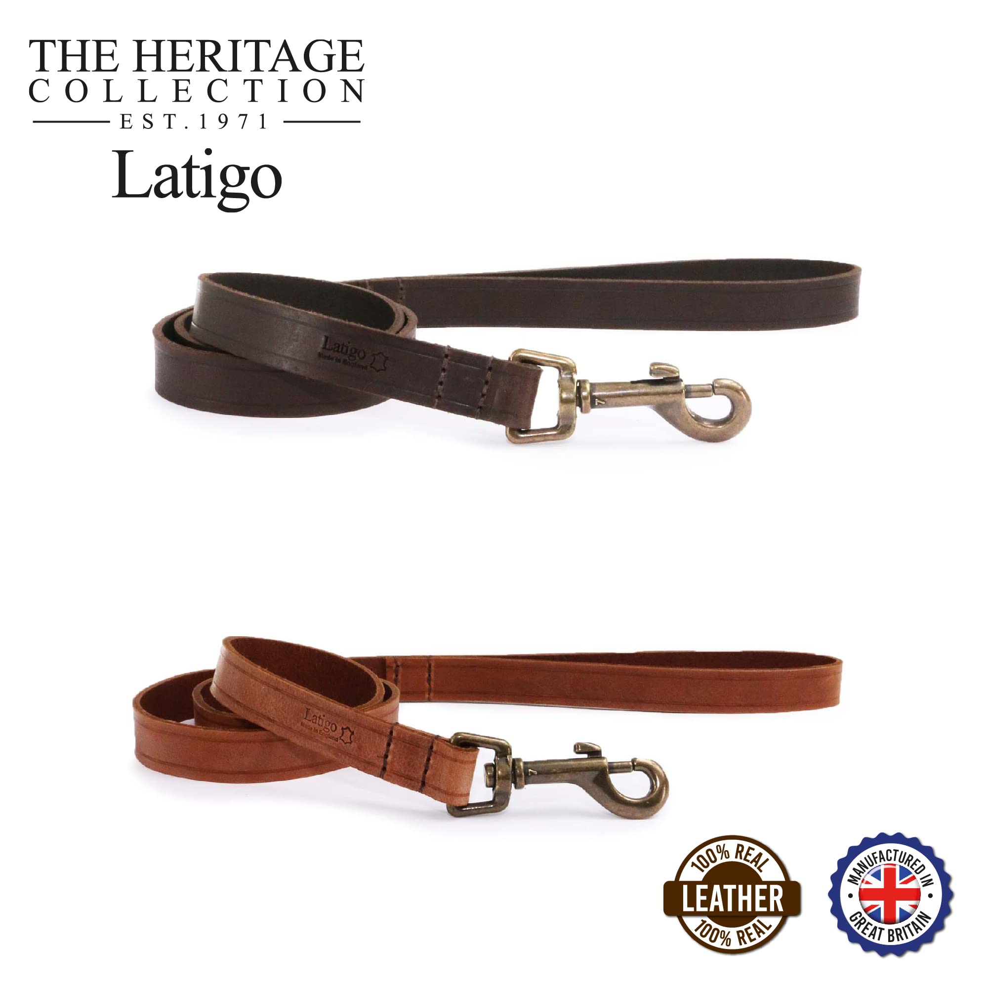 Ancol Latigo Leather Dog Lead Havana - Pet Training Accessory with Antique Gold Fixings Strong Resilient Material - 1.3m x 19mm - Image 2