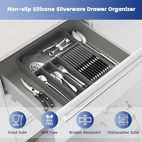 Miniatura 4 de OUTXE Organizador de cajones de cubiertos de silicona, organizador de utensilios antideslizante para cajones de cocina, bandeja de cubiertos con