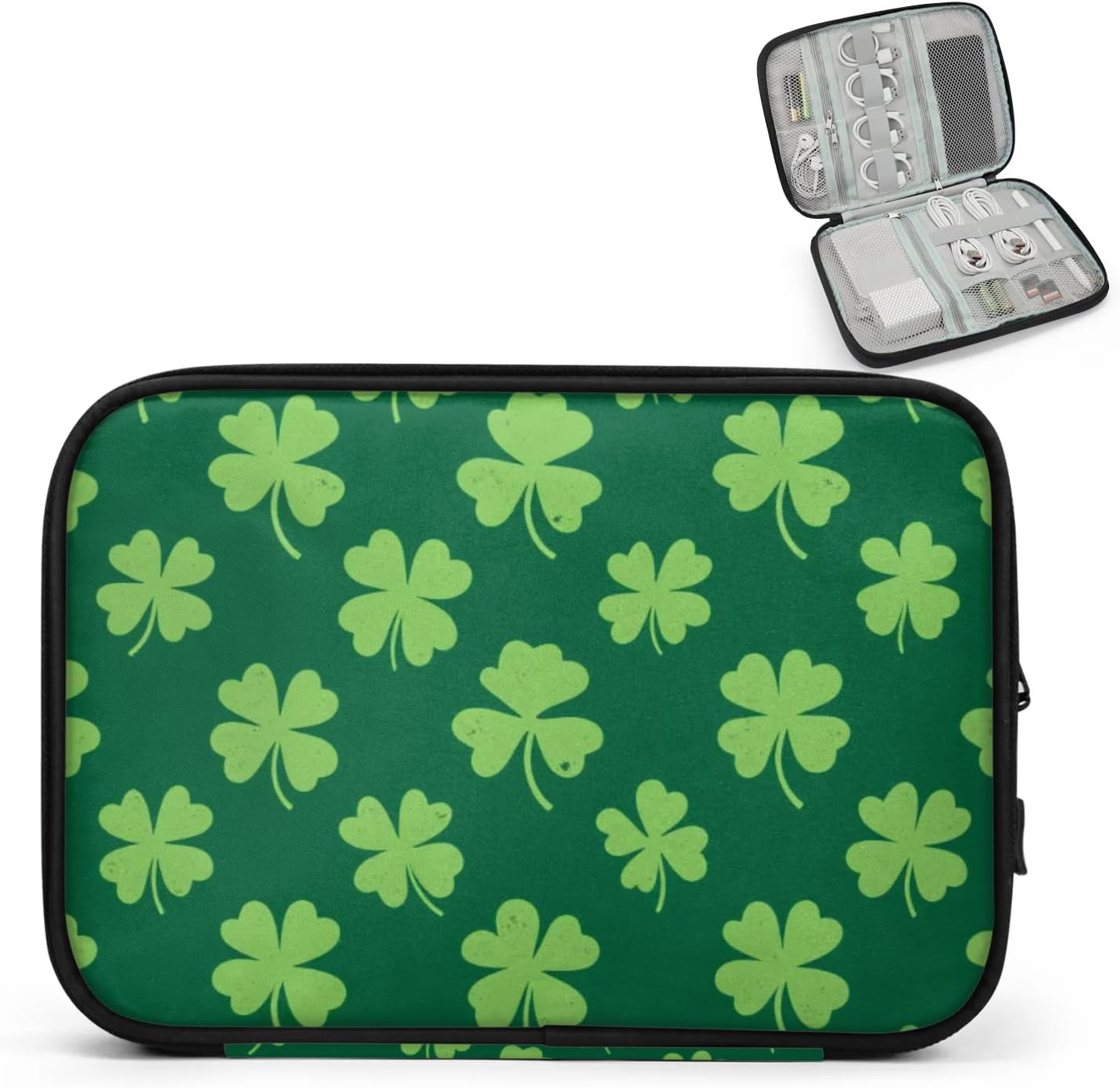 Travel Cable Organizer Pouch Green Clover Carry Case Portable Water Resistant Storage Bag for Cord Charger Phone Earphone SD Card