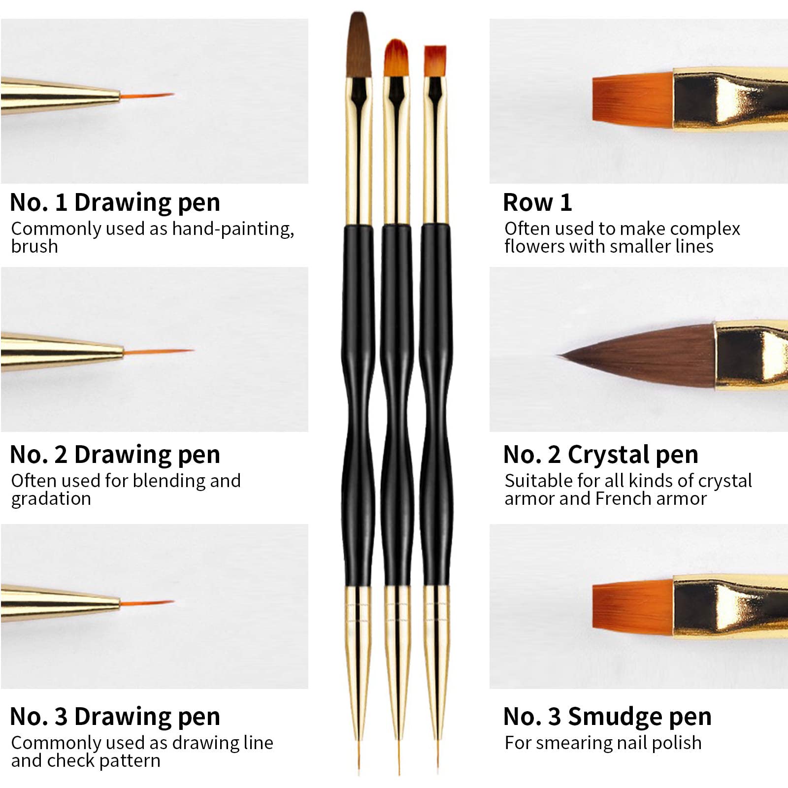 Pennelli per Unghie [3 Pack], Pennelli per Nail Art Professionali, Manicure Kit, Pennelli Smalto, Pennello per Unghie Acrilico Per Decorazioni Unghie (Nero)