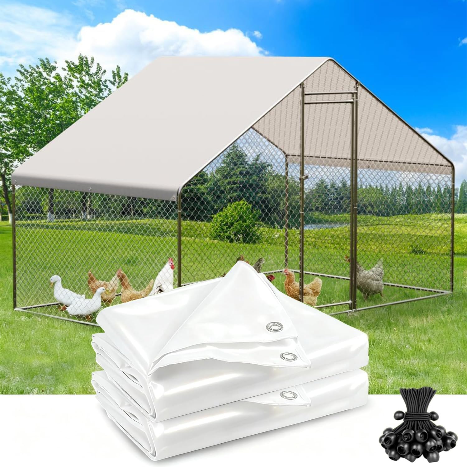 Chicken Coop Cover Waterproof Accessories,11.5 x 6.3 ft Chicken Run Cover for Winter,Waterproof Insulated Chicken Coop Tarp with 50 Pcs Ball Bungees Cords(2 Pcs)