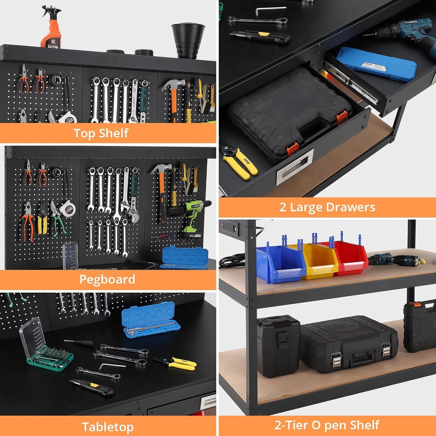 รายละเอียด view of workbench features: top shelf, pegboard, drawers, tabletop, and open shelves
