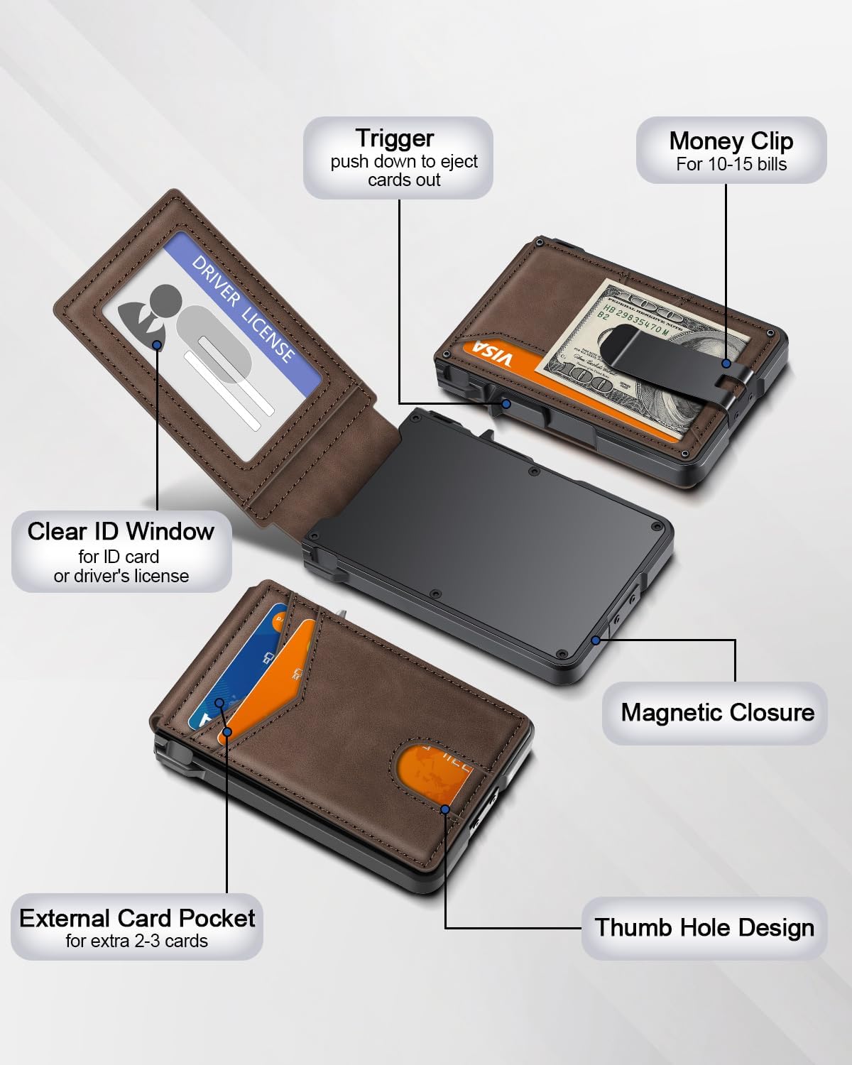 Wallet for Men, Mens Minimalist Wallet 9-13 Cards, Slim Compact Wallet with Money Clip & ID Window, RFID Blocking Smart Pop Up Card Wallet, Metal Aluminum Credit Card Holder Bifold Wallet - Image 5