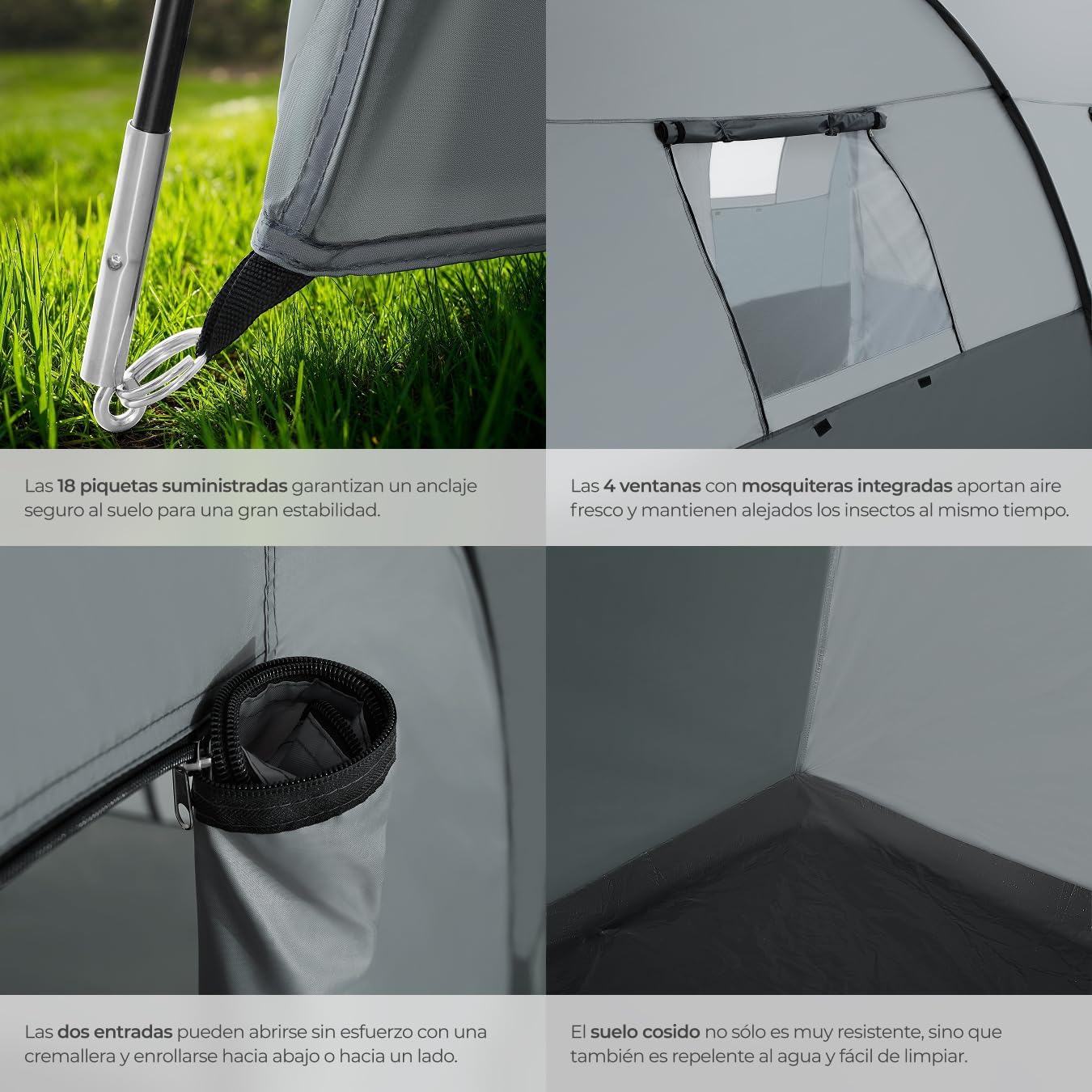 Four detailed close-up images showing tent features: securing a peg, a window with mosquito net, a zipper, and the sewn-in groundsheet.