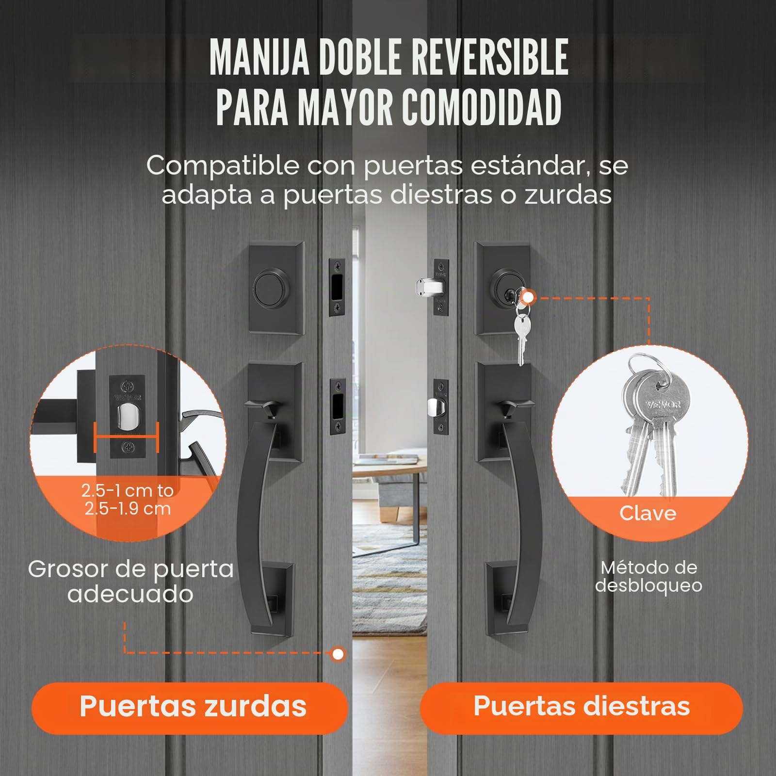 VEVOR Juego de manijas de puerta doble, palanca de puerta arqueada negra mate juego de manijas de puerta delantera doble con palanca de manija reversible juego de cerradura de puerta doble con chupete