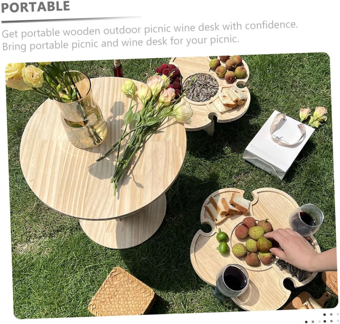 Portable Folding Wine Desk and Outdoor Picnic Table, Small Wooden Foldable Beverage Rack for Beach, BBQ, Camping, and Travel Use