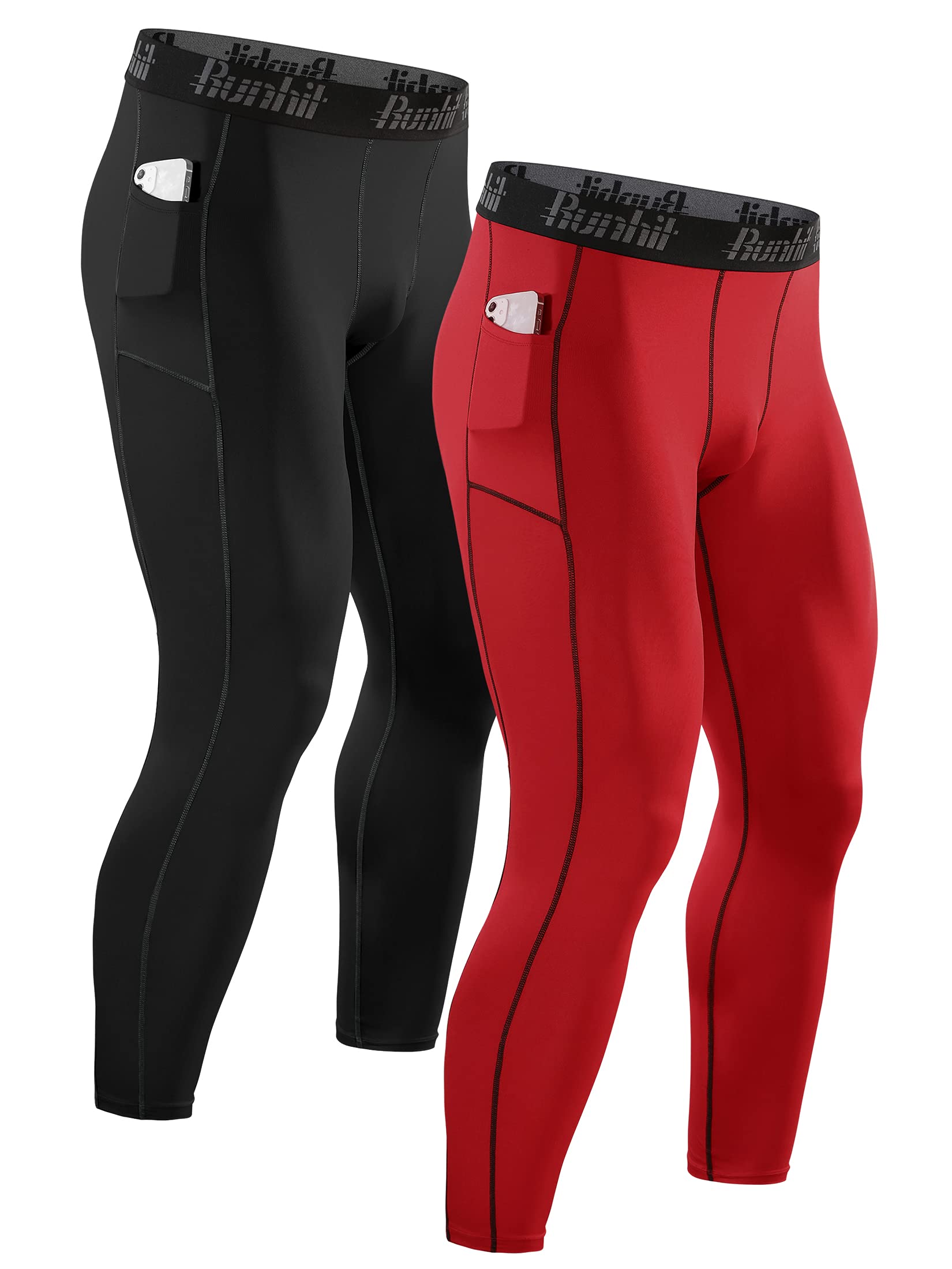 Runhit 2 Pezzi Leggins Uomo Palestra con Tasche Leggings Sportivi Compressione Pantaloni Termici Uomo for Running Rekking Moto Sci Bodybuilding Caccia Ciclismo MTB Calcio Yoga Corsa Bici Golf