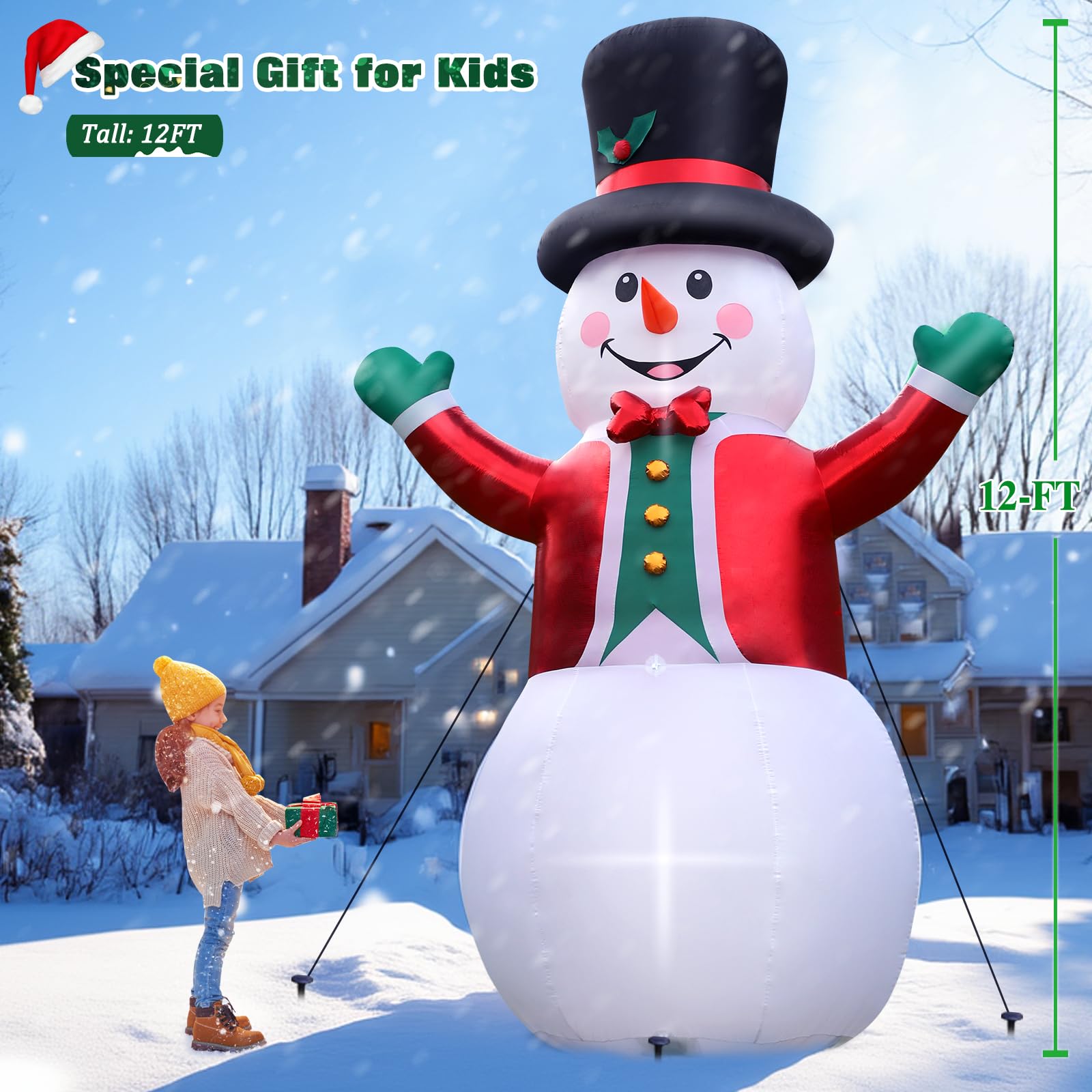 FunFanso Bonhomme de neige géant gonflable de 3,7 m - Bonhomme de neige gonflable - Chapeau magique et costume rouge - Lumières LED lumineuses intégrées pour vacances, pelouse, cour, jardin, terrasse