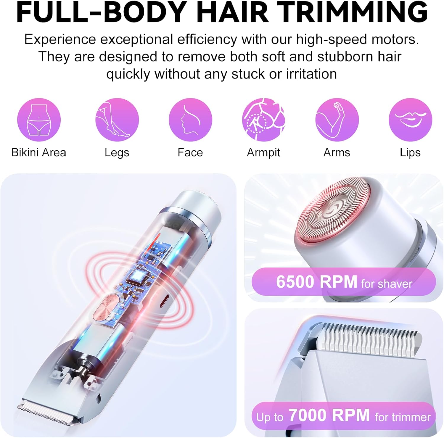2-in-1 Bikini Trimmer for Women & Electric Razors for Women, Dual Head Design for Intimate Areas, Face, Underarms & Legs, IPX7 Waterproof Rechargeable Shaver, Portable Travel Personal Care (Blue) - Image 4