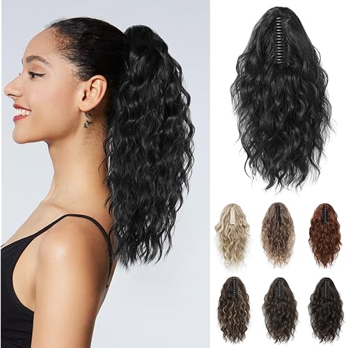 REECHO Ponytail Extension, 14 Inch Curly Claw Pony Tails Hair Extensions Clip in Ponytail Hair Extensions Natural Synthetic Hairpiece for Women Everyday Wear - Black